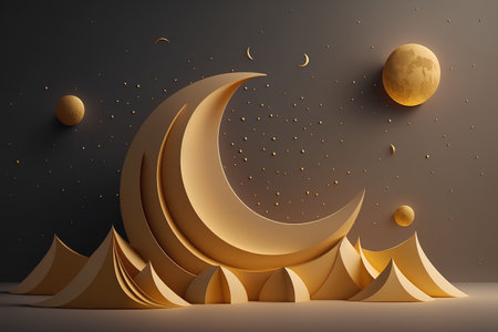 Ramadan Kareem background with golden crescent and moon. 3D renderingの素材