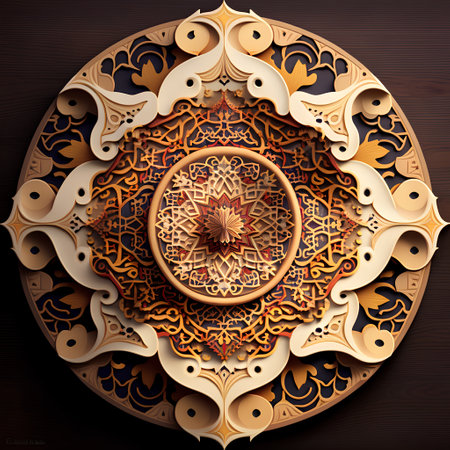 3d illustration of arabic geometric pattern on wood background.の素材
