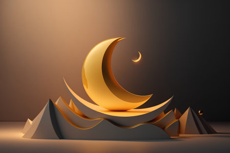 Ramadan Kareem. Golden crescent moon in the desert. 3d renderingの素材