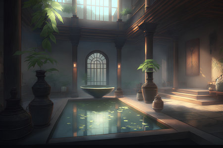 3D rendering of a fantasy room with a pool and a large windowの素材