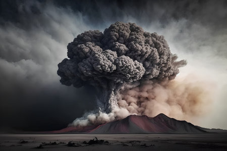 Volcanic eruption with ash and smoke in the sky, 3d illustrationの素材