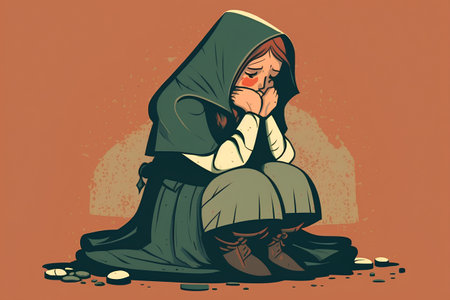 Illustration of a sad woman sitting on the ground and crying.の素材