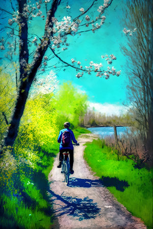 Digital painting of a woman riding a bicycle on a path in springの素材