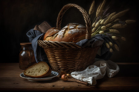 Basket of bread and wheat on wooden table. Vintage style.の素材