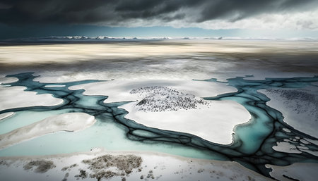 Beautiful winter landscape with snow covered mountains and frozen lake in Icelandの素材