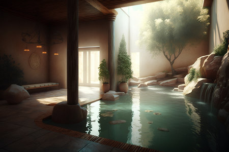 3d rendering of the interior design of the room with the poolの素材