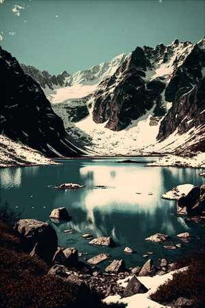 Vintage toned landscape of lake in the mountains. Toned.の素材