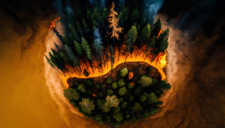 Aerial view of a forest fire in the middle of the forestの素材