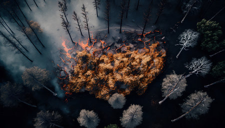 Forest fire. Burning pine trees and bushes in the forest. Aerial viewの素材