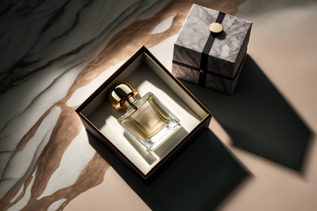 Perfume bottle in a gift box on a marble background.の素材