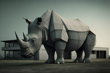 Rhinoceros in front of modern building. 3d renderの素材