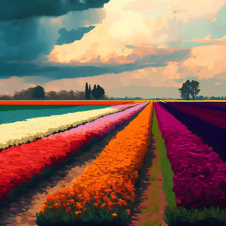 Colorful tulip field at sunset in Holland. Vector illustration.の素材