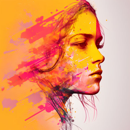 Double exposure portrait of a beautiful woman combined with colorful paint splashes.の素材