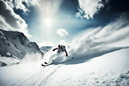Flying skier at high mountains. Extreme winter sport. 3d renderingの素材