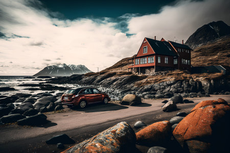 Car on the beach in Lofoten islands, Norway.の素材