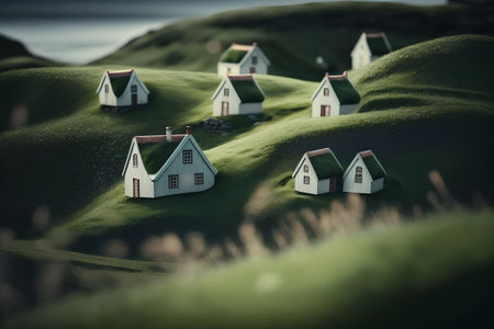 Miniature houses on the green hill, 3d render illustration.の素材