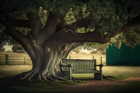 Old tree and bench in the park. 3D render. Vintage style.の素材