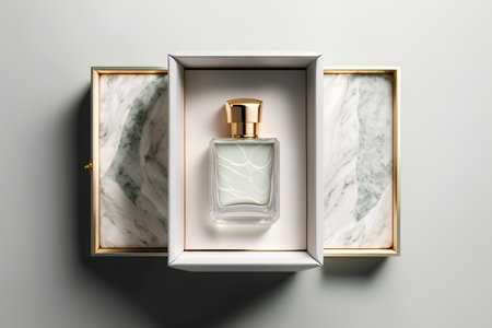 Bottle of perfume in a box on a marble background. 3d renderingの素材
