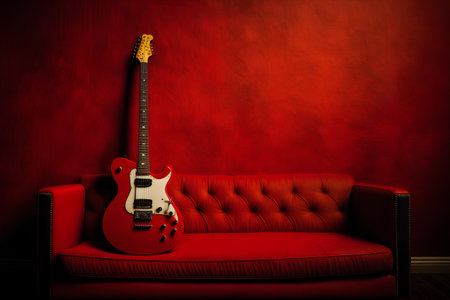 Electric guitar on a red leather sofa in the interior. 3d renderの素材