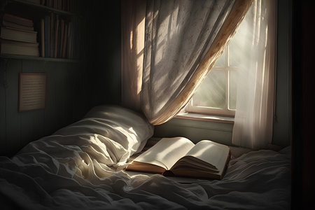 Open book on the bed under the window at night. 3d renderの素材