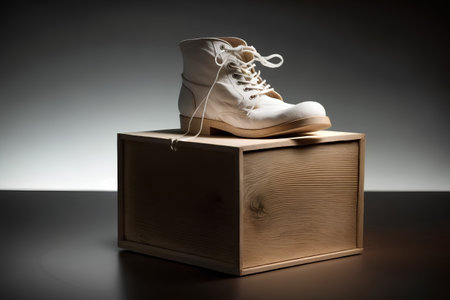 White shoes on a wooden box on a dark background with copy spaceの素材