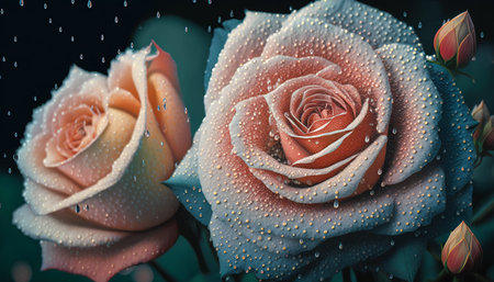 Beautiful roses with dew drops on the petals, close-upの素材