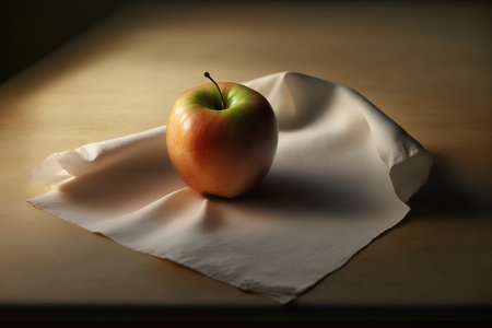 Red apple on a napkin on a wooden table with copy spaceの素材