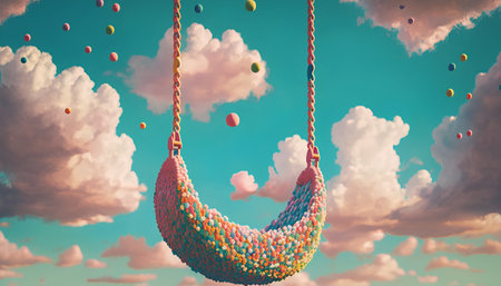 3d rendering of a colorful hammock in the sky with cloudsの素材
