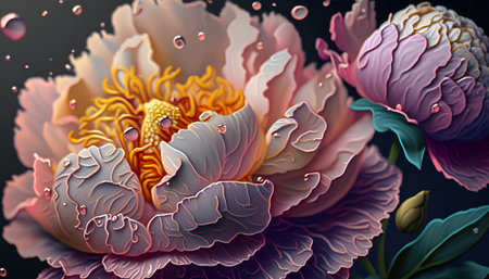 Beautiful peony flower on black background. 3d illustration.の素材