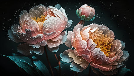 Watercolor painting of peony flowers on black background. Hand drawn illustration.の素材