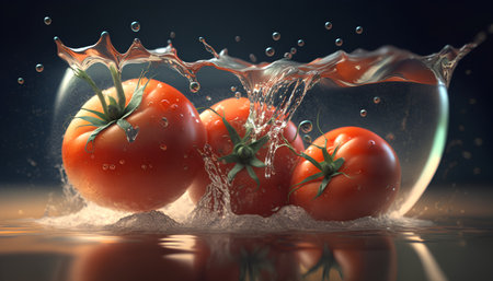 Water splash with fresh tomatoes. 3d rendering, 3d illustration.の素材