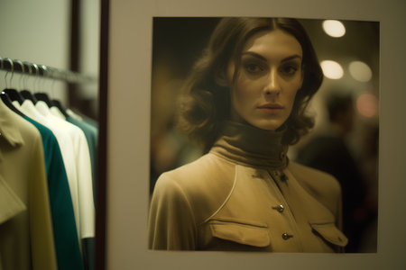 Fashionable young woman in beige coat looking at mirror in shop windowの素材