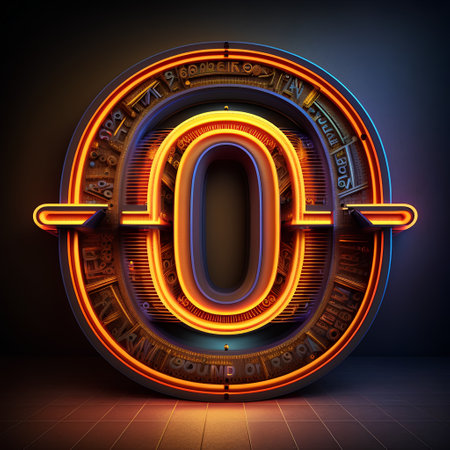 Neon font letter O in dark room. 3D render illustrationの素材