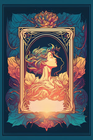 Vintage frame with beautiful woman and peony flowers. Vector illustration.の素材