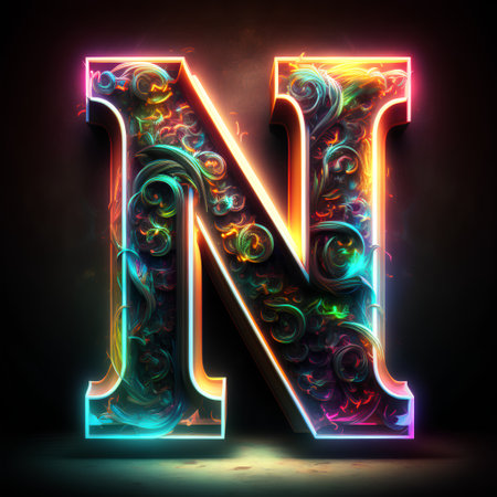 Neon light letter N. Glowing font. 3D renderingの素材