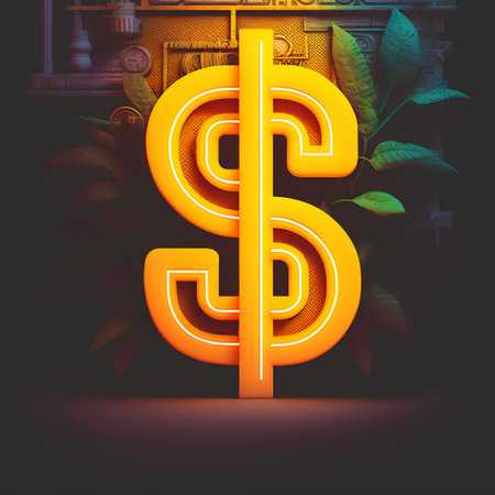 Neon dollar sign on dark background with leaves. 3d renderingの素材