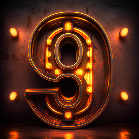 Neon light font. Number 9. 3D rendering on dark backgroundの素材