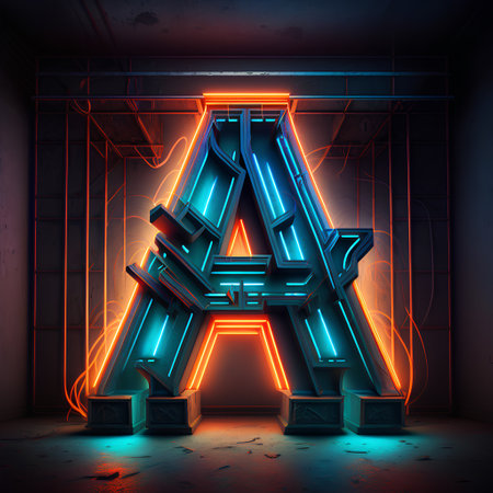 Neon alphabet letter A in futuristic dark room. 3D renderingの素材