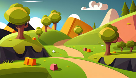 Vector cartoon illustration of a mountain landscape with a road and trees.の素材