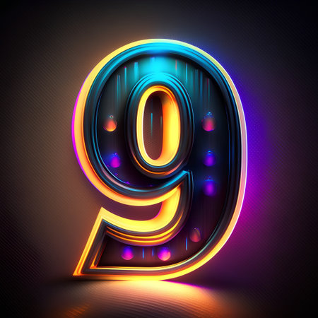 Neon number 9 in neon style on dark background. 3d illustrationの素材