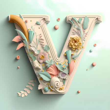 Vintage letter V with floral decoration. 3d render illustration.の素材