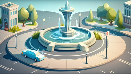 illustration of a city street with a fountain and a car on itの素材
