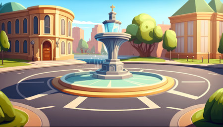 Cartoon vector illustration of a street with a fountain in the centerの素材