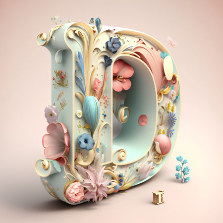 3d illustration of letter D in pastel colors with floral decorationの素材
