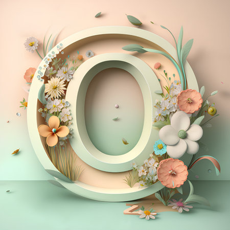 3d illustration of alphabet letter O with flowers and leaves in pastel colorsの素材