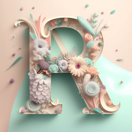 Floral letter R. 3D render illustration. Floral font.の素材