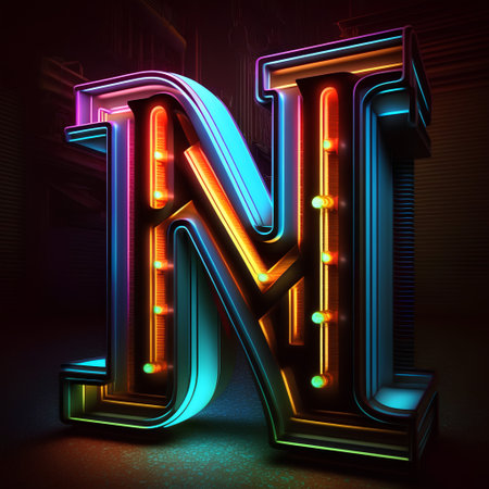Neon light letter N in dark room, 3d render, square imageの素材