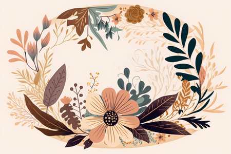 Floral wreath with hand drawn flowers and leaves. Vector illustration.の素材