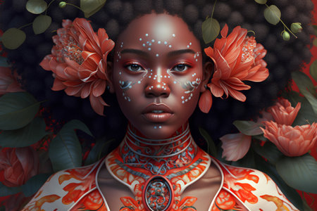 3d rendering of a beautiful african american woman with red flowersの素材