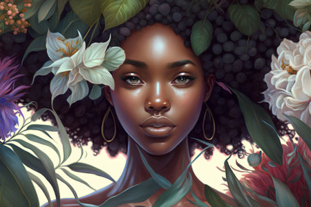 Portrait of a beautiful African American woman with flowers in her hairの素材